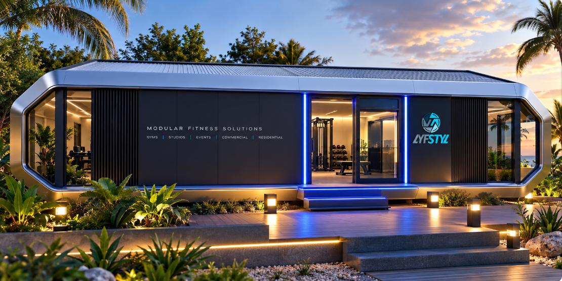 Lyfstyl modular fitness building with glass entrances, blue lighting and tropical landscaping