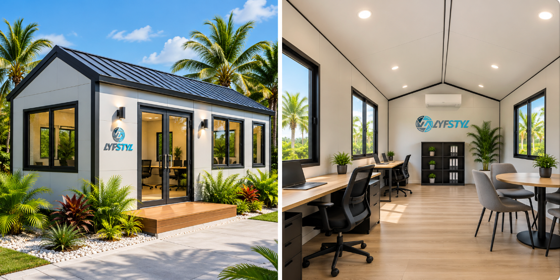 Exterior and interior views of a Lyfstyl modular office