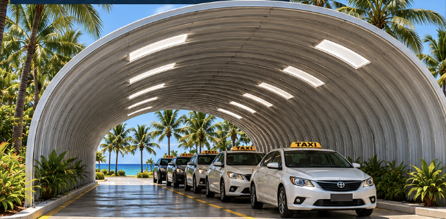 Arched steel shelter providing a covered taxi waiting area